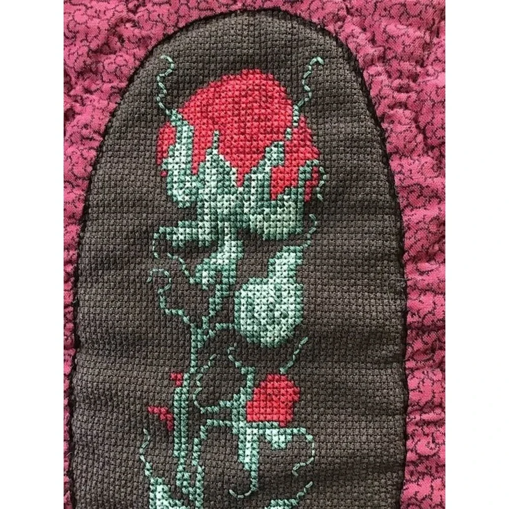 Wall Hanging Quilt Roses Cross Stitch Burgundy Handmade Vintage Handquilted